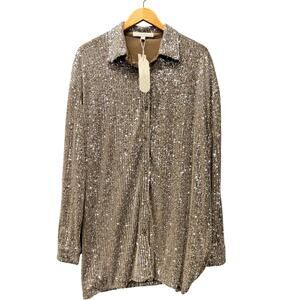 Anthroplogie Flat White Dress Sequin Button Up Tunic Glam Party Womens M NEW